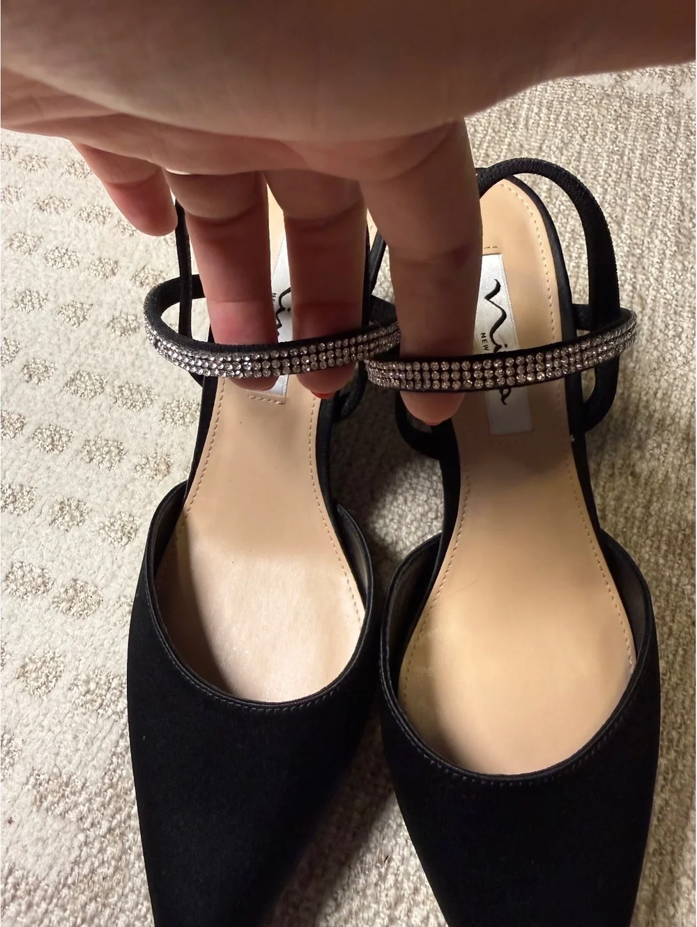 Nina New York Black Satin Slingback Heels with Rhinestone Strap